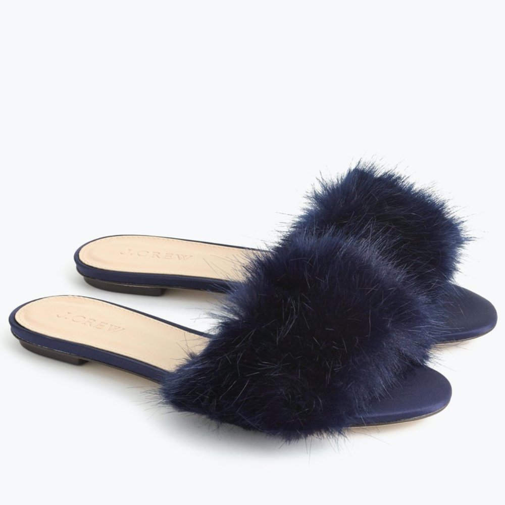 J.Crew Blue Fur Slides (Size 8)
